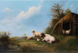 Schafe Und Kuh In Landschaft Vor Stallgebaude