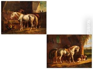 Zwei Pferde Im Stall Mit Zwei Hunden by Albertus Verhoesen