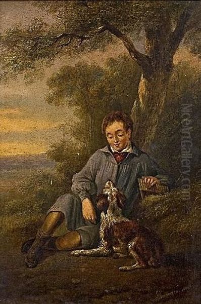 Junge Mit Einer Panflote Und Einem Hund In Abendlicher Landschaft - view 1