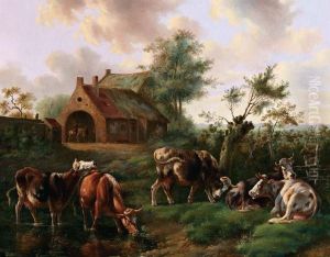 Rustende Koeien Bij Een Drinkplaats by Albertus Verhoesen