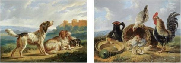 Three Dogs In A Landscape ; A Rooster With Hens And Chicks - view 1
