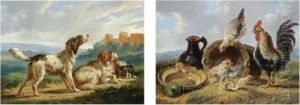 Three Dogs In A Landscape ; A Rooster With Hens And Chicks by Albertus Verhoesen