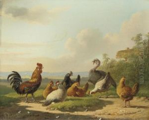 A Rooster, Hens And A Turkey by Albertus Verhoesen
