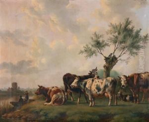 Landschap Met Rustend Vee Bij Wilgenboom