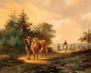 A Man With A Bull And Several Figures In A Landscape by Albertus Verhoesen