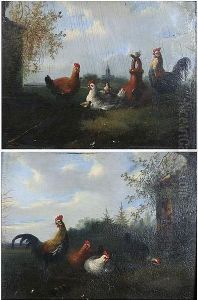 Hens And Chicks In A Field, And Another Similar, A Pair