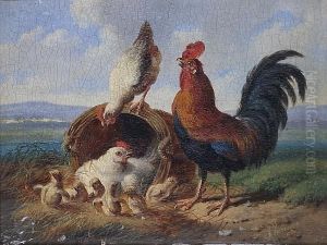 Rooster, Hens And Chicks In A Field by Albertus Verhoesen