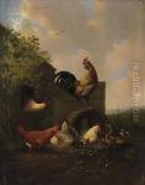 Poultry On The Yard. Signed And
Dated Lower Left: A. Verhoesen 1837. Oil On Wood. 40 X 31cm. Framed. - view 1