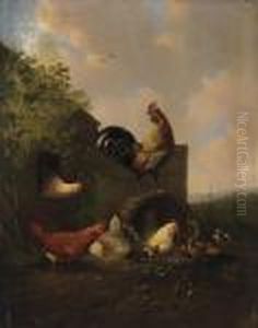 Poultry On The Yard. Signed And 
Dated Lower Left: A. Verhoesen 1837. Oil On Wood. 40 X 31cm. Framed. by Albertus Verhoesen