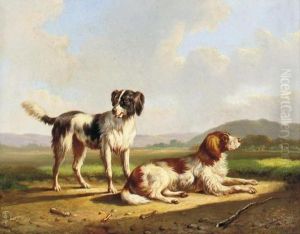 Two Hunting Dogs In A Summer Landscape by Albertus Verhoesen