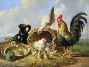Huhner Mit Korb, Krug Und Teller by Albertus Verhoesen