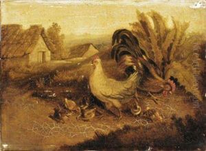 Chickens Feeding With Cottages Beyond by Albertus Verhoesen