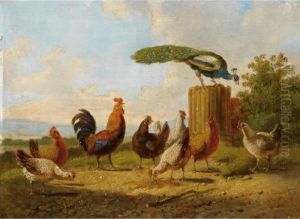 Poultry In A Landscape; A Hen And Her Chicks In A Landscape (a Pair) by Albertus Verhoesen