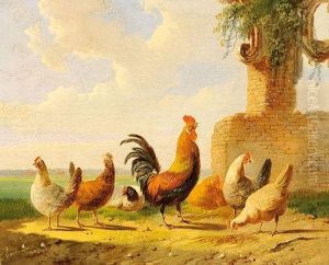 A Rooster And Six Chickens by Albertus Verhoesen