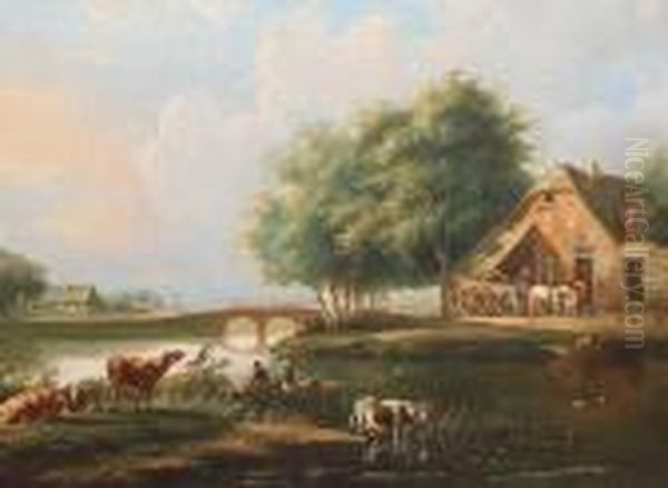 Bauerliche Fluslandschaft Mit Brucke, Fahrboot, Figuren Und Tieren - view 1