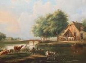 Bauerliche Fluslandschaft Mit Brucke, Fahrboot, Figuren Und Tieren by Albertus Verhoesen