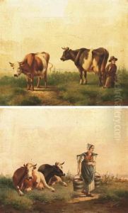 A Milkmaid; And Milking The Cows by Albertus Verhoesen