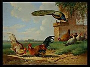 Pfau Und Huhner Vor Tiefer Landschaft
