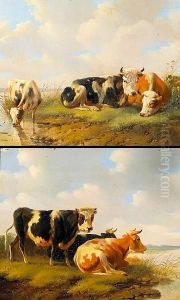 Cattle Resting At The Water's
Edge; Also A Companion Painting Of The Same Subject (a Pair) by Albertus Verhoesen