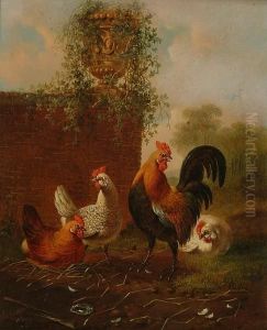 A Cock And Three Hens Beneath A Stone Urn