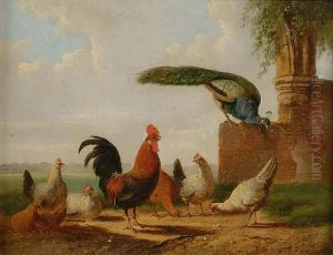 A Cock, Hens And A Peacock Beside A Ruin