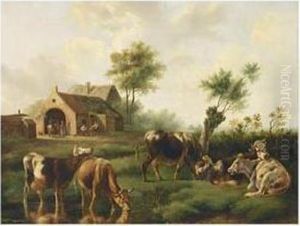 Cows In A Summer Landscape, Peasants In The Background by Albertus Verhoesen