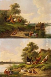 River Landscapes With Chickens And Ducks by Albertus Verhoesen