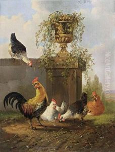 Chickens And A Cockerel By A Wall