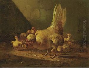 A Hen And Her Chicks by Albertus Verhoesen