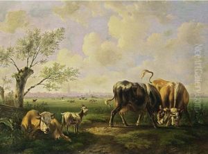 Bulls And Goats In An Extensive Summer Landscape by Albertus Verhoesen
