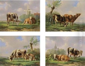 Four Paintings Of Grazing Cows Set In One Frame by Albertus Verhoesen