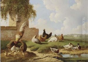 Poultry By A Ruin, A Country House In The Distance by Albertus Verhoesen