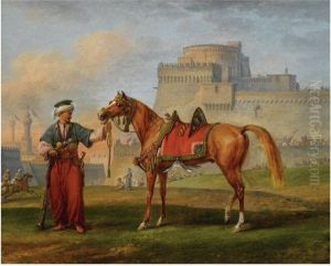 Un Mameluk Entrainant Son Cheval, Une Citadelle Al'arriere-plan by Carle Vernet