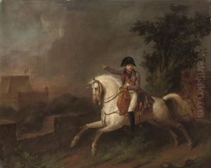 Equestrian Portrait Of Napoleon Bonaparte (1769-1821), With Troops And A Fortress Beyond by Carle Vernet