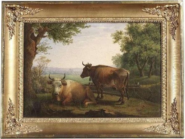Two Cows In Front Of A Wide Landscape - view 1