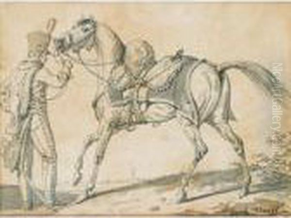 Hussard Et Son Cheval 
[antoine-charles-horace Vernet, Called Carle Vernet ; Hussar And His 
Horse ; Pen And Wash ; Signed Lower Right Carle Vernet] - view 1