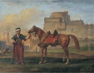 A Mameluk Leading His Horse With A Citadel In The Background by Carle Vernet