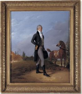 Alexis Gedeon Standing 
Full-length And Wearing A Blue Jacket And 
Holding A Whip And Top Hat His Horse Is Tethered
 To A Tree Nearby.