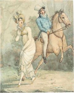 A Lady Stepping Away From A Man On A Galloping Horse