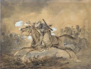 An Egyptian Horseman Blowing Up A
Gun, The French Infantry Fightingthe Egyptians In The Background by Carle Vernet