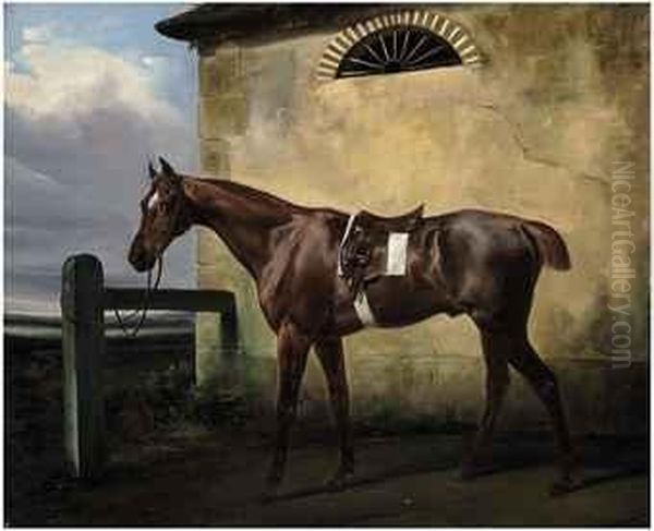 A Tethered Chestnut Horse In A Landscape - view 1