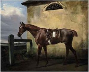 A Tethered Chestnut Horse In A Landscape