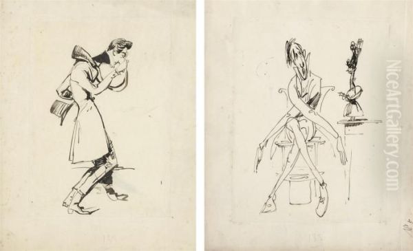 A Caricature Of A Gentleman
Peering Through A Monocle; And Acaricature Of A Seated Gentleman, A Top
Hat Under His Chair - view 1