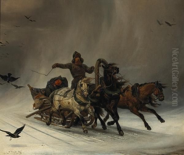 Figures In A Sleigh In A Stormy Winter Landscape - view 1