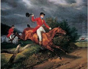 Chasseurs A Courre Sautant Une Haie by Horace Vernet