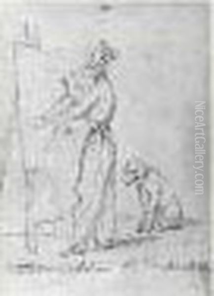 Autoportrait Au Chevalet Avec Son Chien - view 1