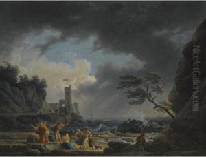 A Stormy Coastal Scene With Figures On A Beach Having Escaped A Shipwreck by Claude-joseph Vernet