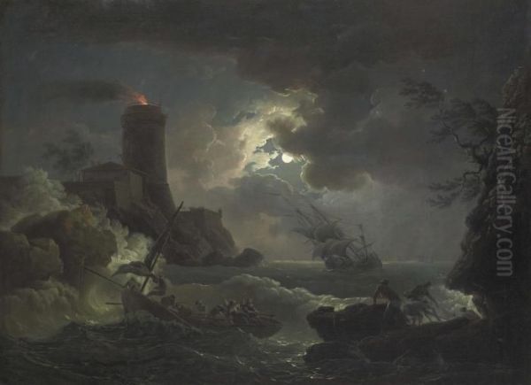 Shipwrecked Figures And Fishermen Bringing In Their Nets In A Storm, A Lighthouse Beyond - view 1