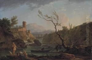 A Capriccio View Of Montferrat 
At Dawn With The Gorges De Verdon And The River Nartuby, With Fishermen 
Unloading Their Catch