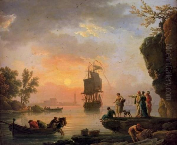 Retour De Peche Dans Un Port 
Mediterraneen Au Soleil Couchant, Un Groupe D'orientaux A Droite Cuivre - view 1